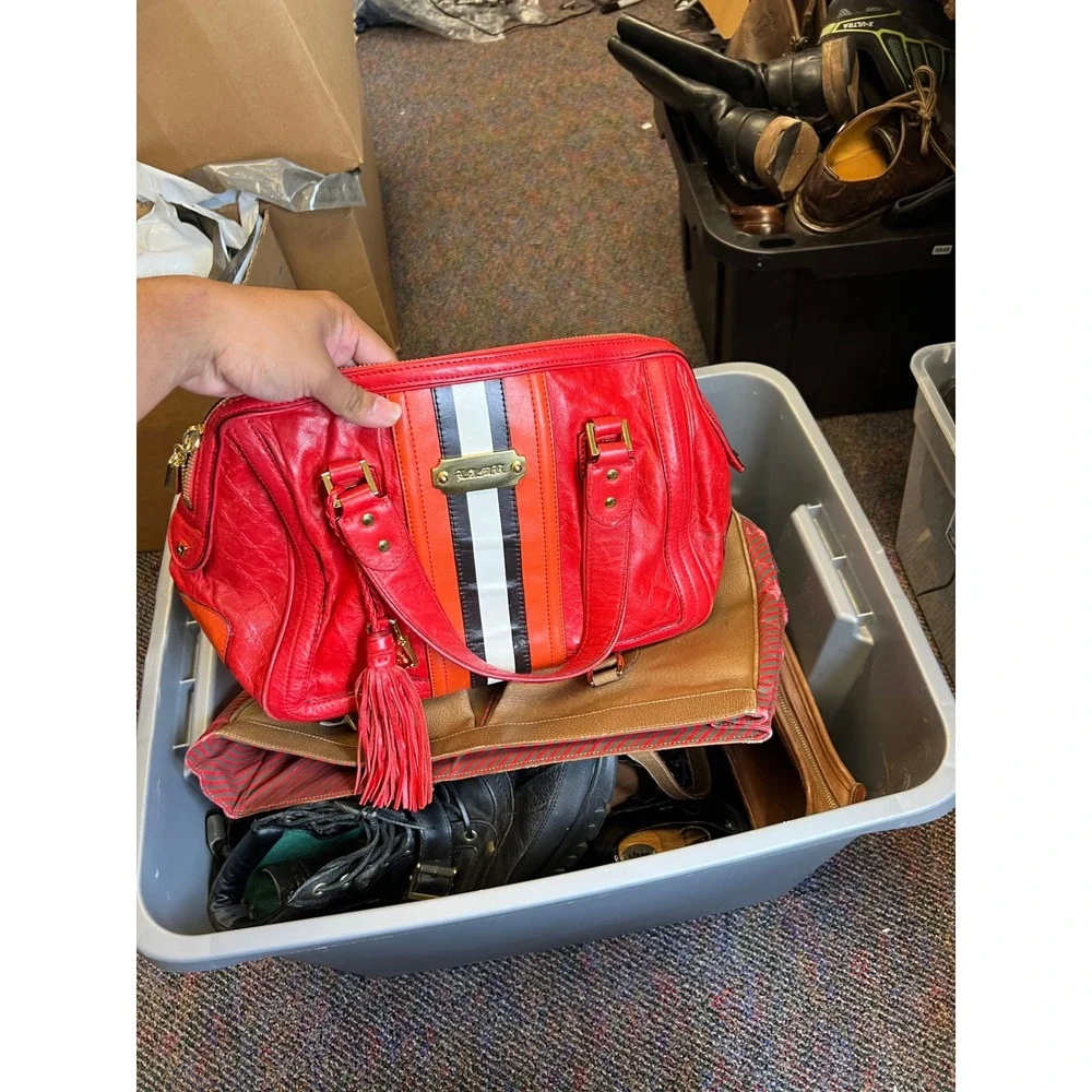L.A.M.B. Gwen Stefani Red Leather Satchel Handbag Racing Stripe Tassel Gold HW